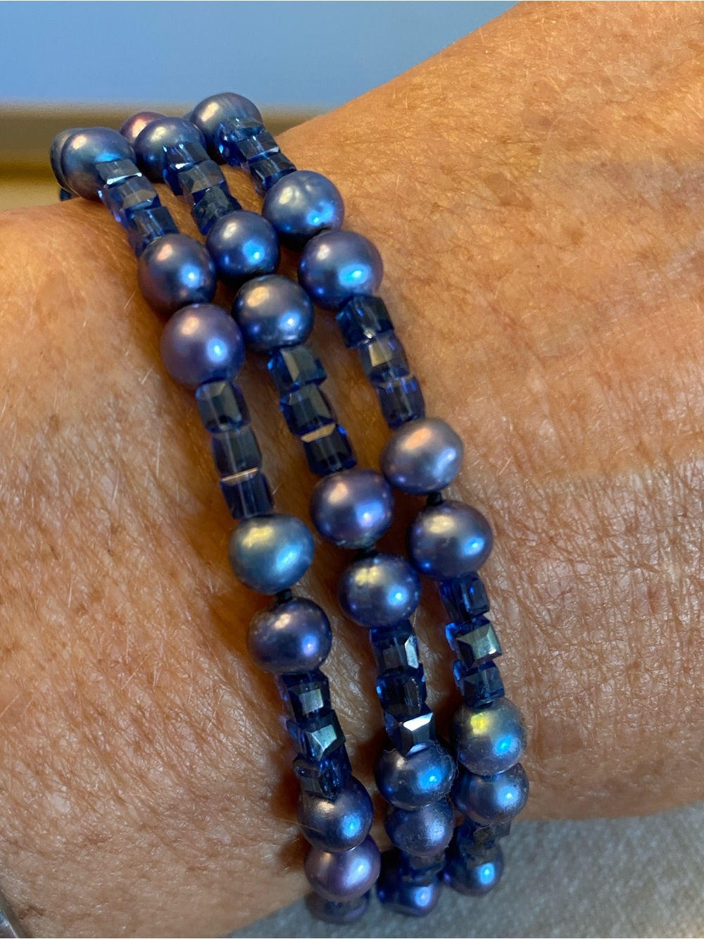 Blue Peacock Freshwater Pearl Crystal 3-Strand Bracelet 7.5”